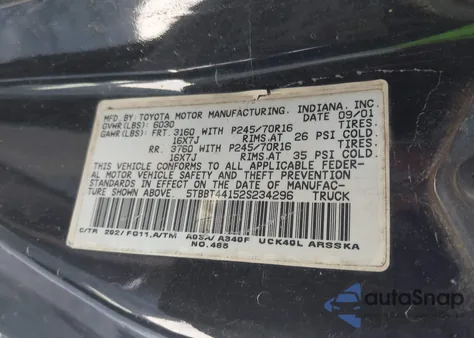 2002 Toyota Tundra Sr5 из США, поврежденный, VIN 5TBBT44152S234296